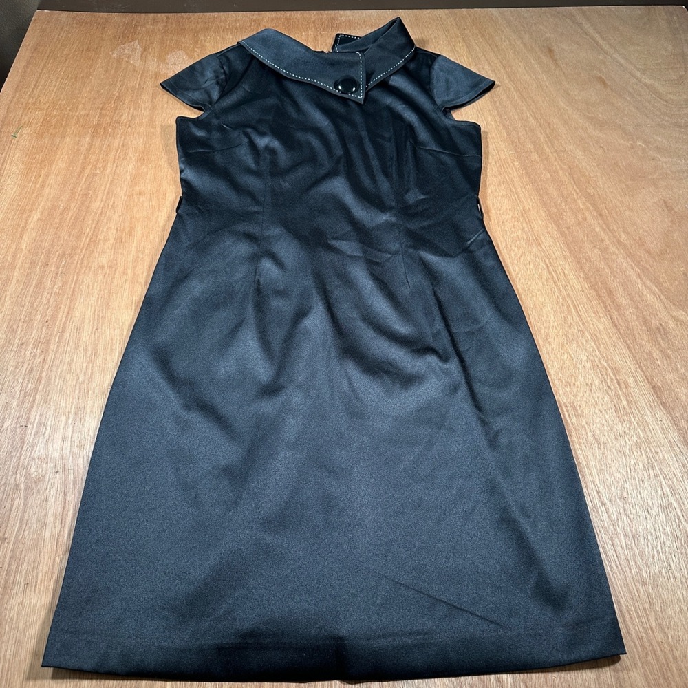 London Times Sheath Dress Women 12 Black Satin Portrait Collar Cap Sleeve Retro